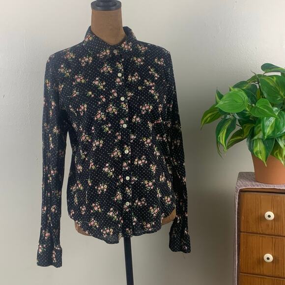 Forever 21 Black Floral Collared Buttoned Long Sleeve Cotton Blouse Size Medium - Picture 1 of 6